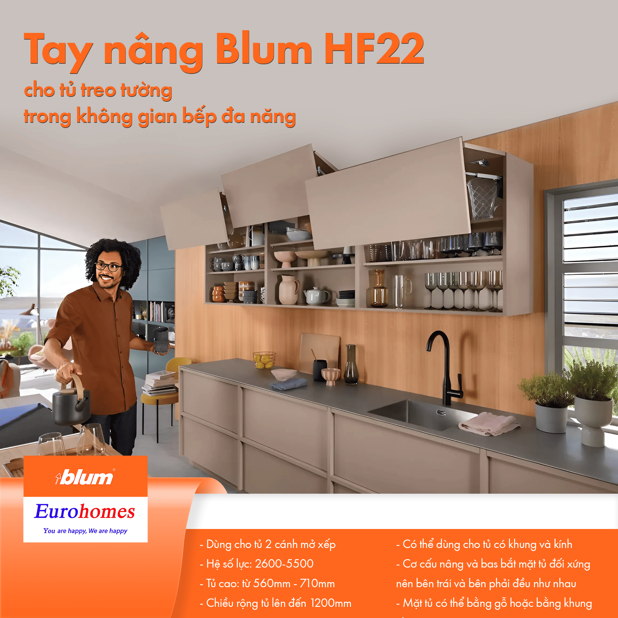 Bộ Tay nâng Blum HF22 cho tủ 2 cánh từ 560-710mm