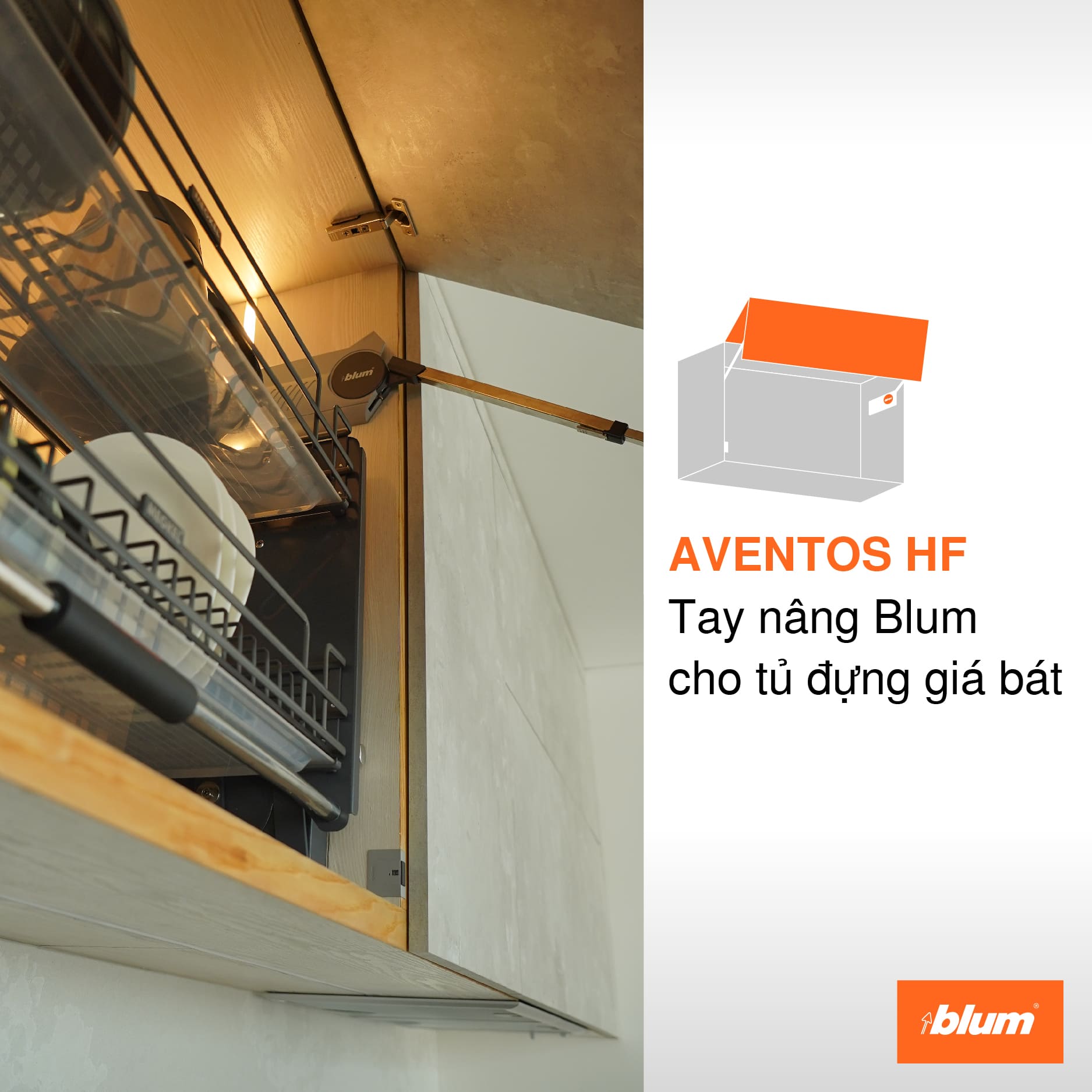 Giá bát nâng hạ Tay nâng Blum cho không gian bếp thông minh