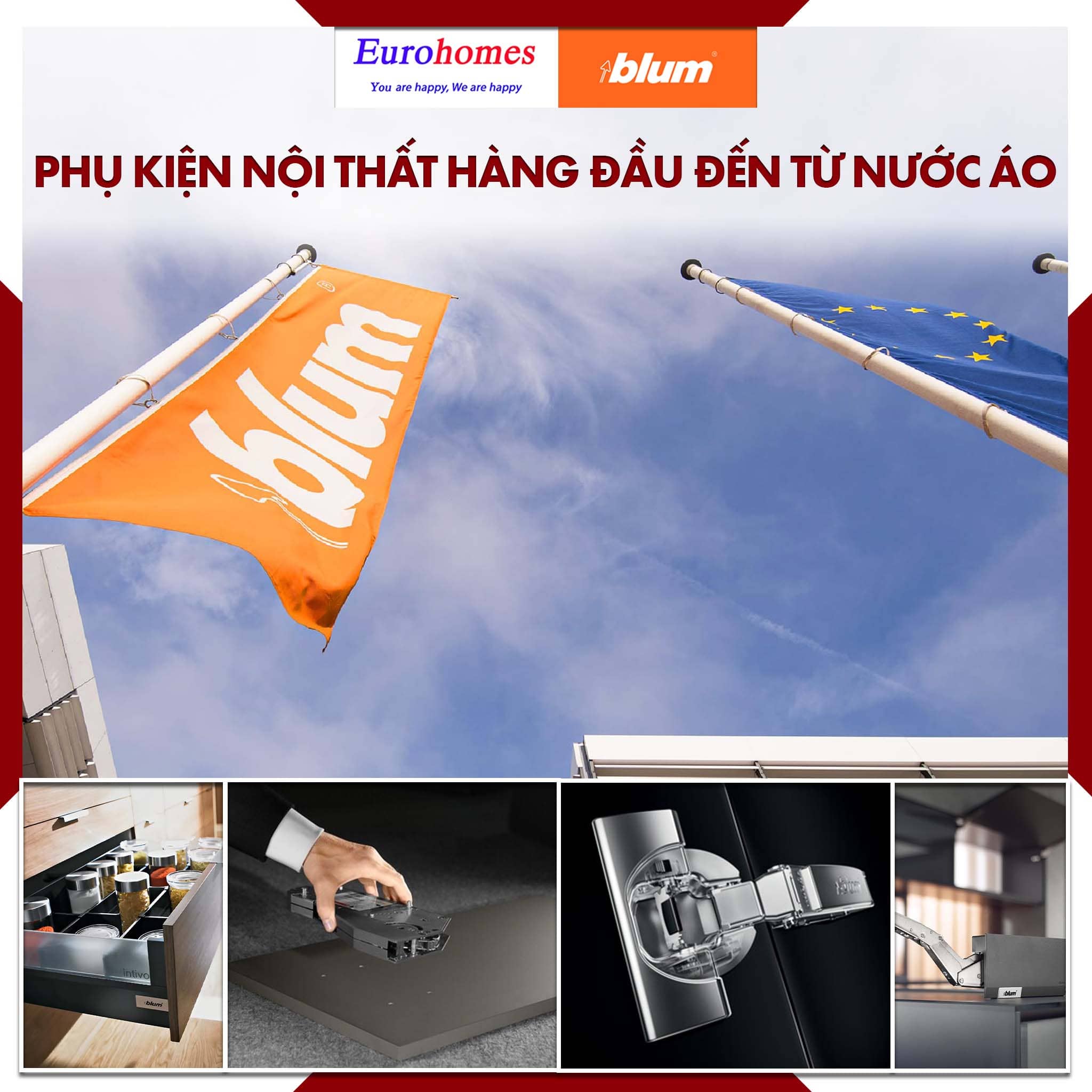 Phụ kiện Blum chính hãng: Tay nâng, Bản lề, Ray âm, Ray hộp…
