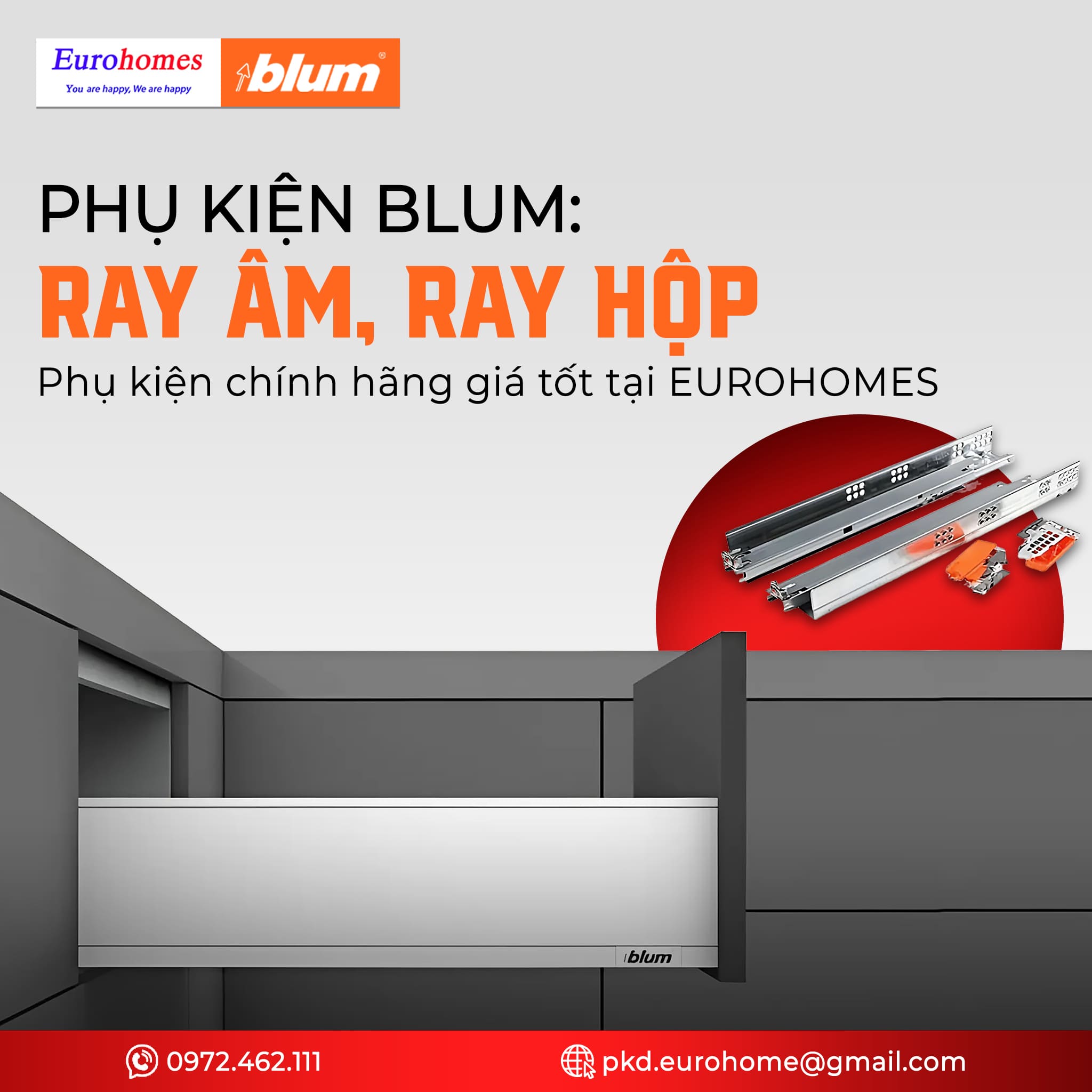 Phụ kiện Blum: Ray âm, Ray hộp chính hãng giá tốt